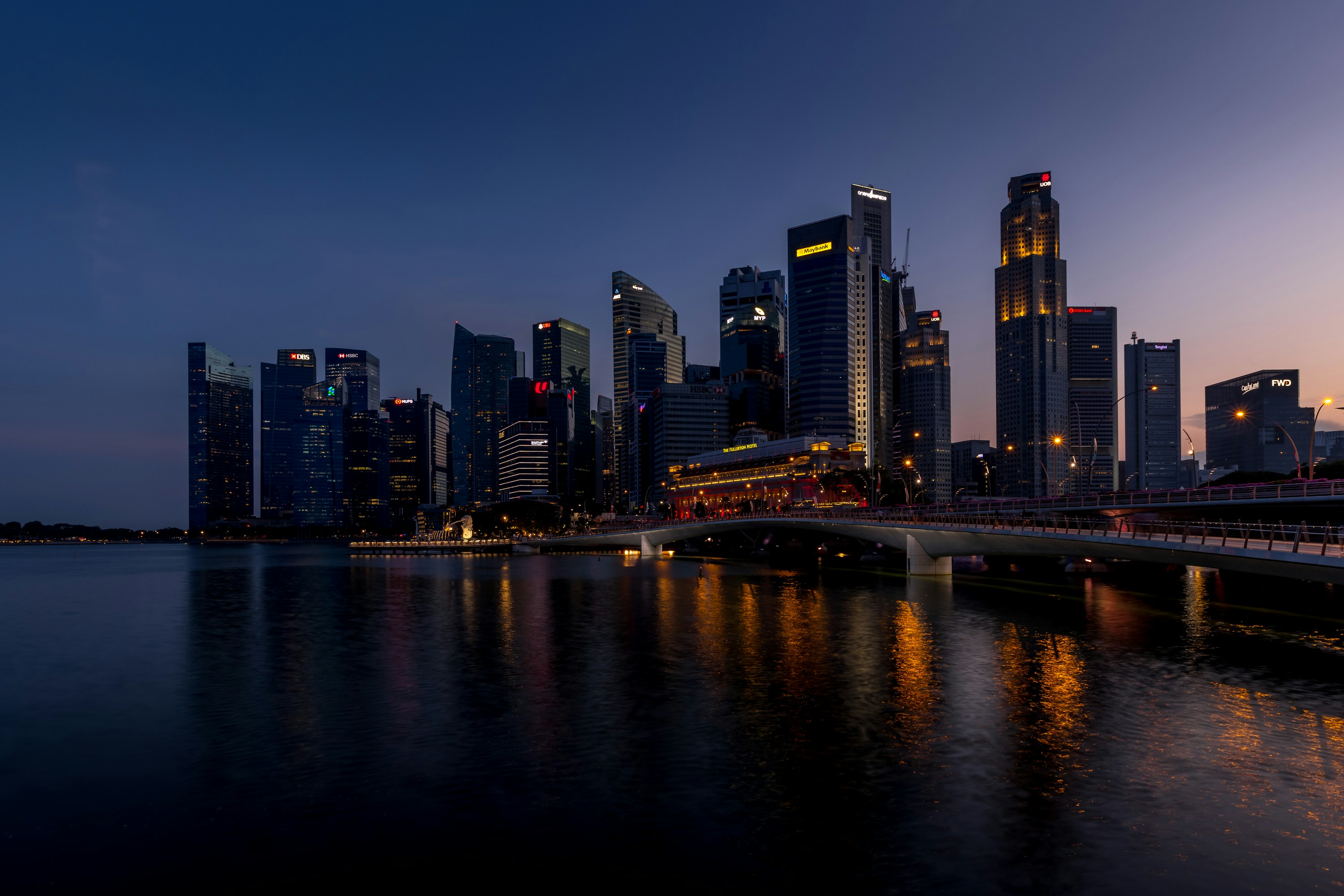 Singapore's financial district and waterfront at blue hour
